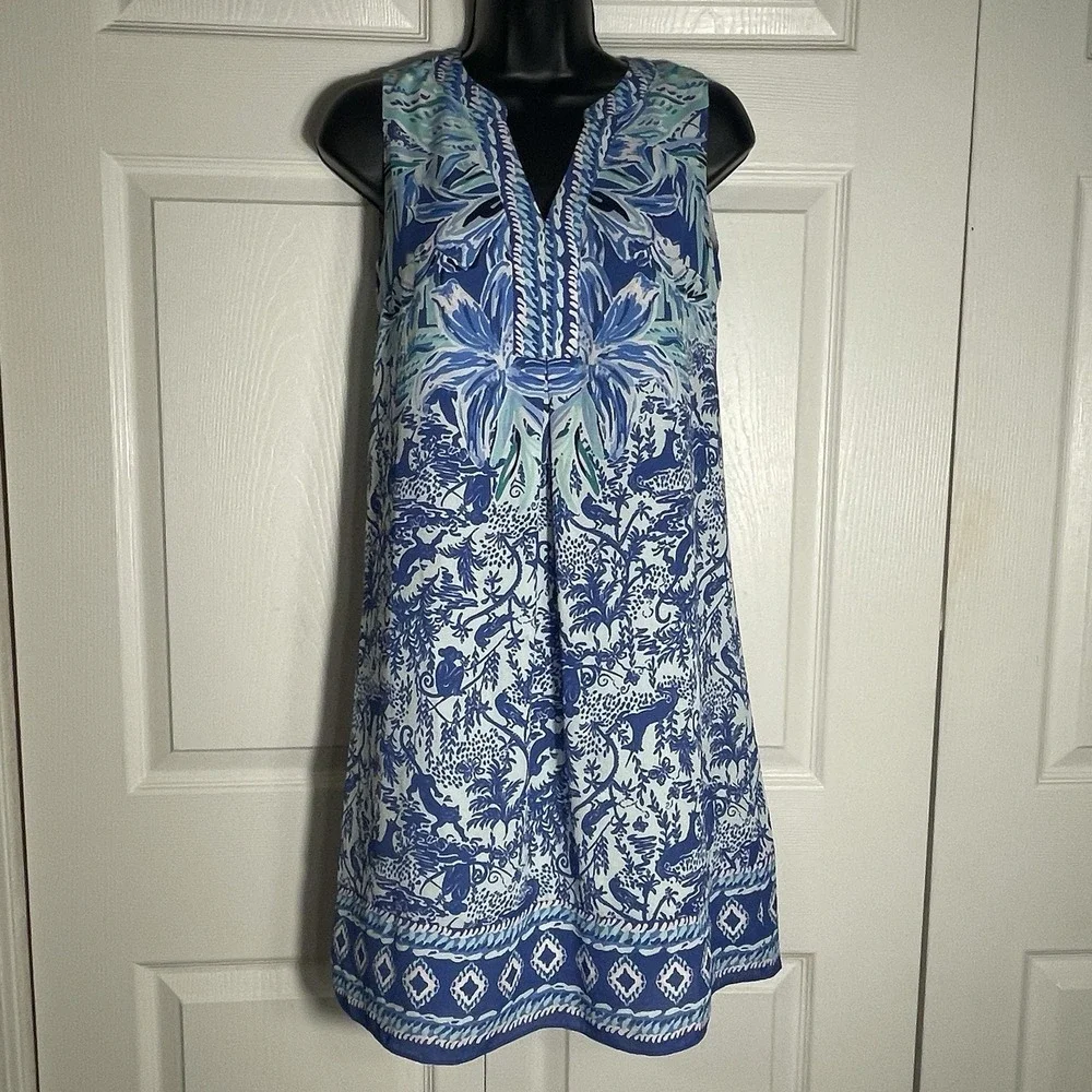 Lily Pulitzer Evah Ready Set Gecko Shift Dress Women‎ XXS Blue Sleeveless V-Neck